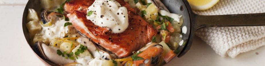New Zealand Salmon on a bed of Greenshell Mussels, potato and leek