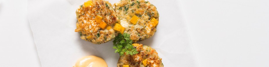 Pumpkin & Feta Greenshell Mussel Fritters with Pumpkin Chilli Mayonnaise